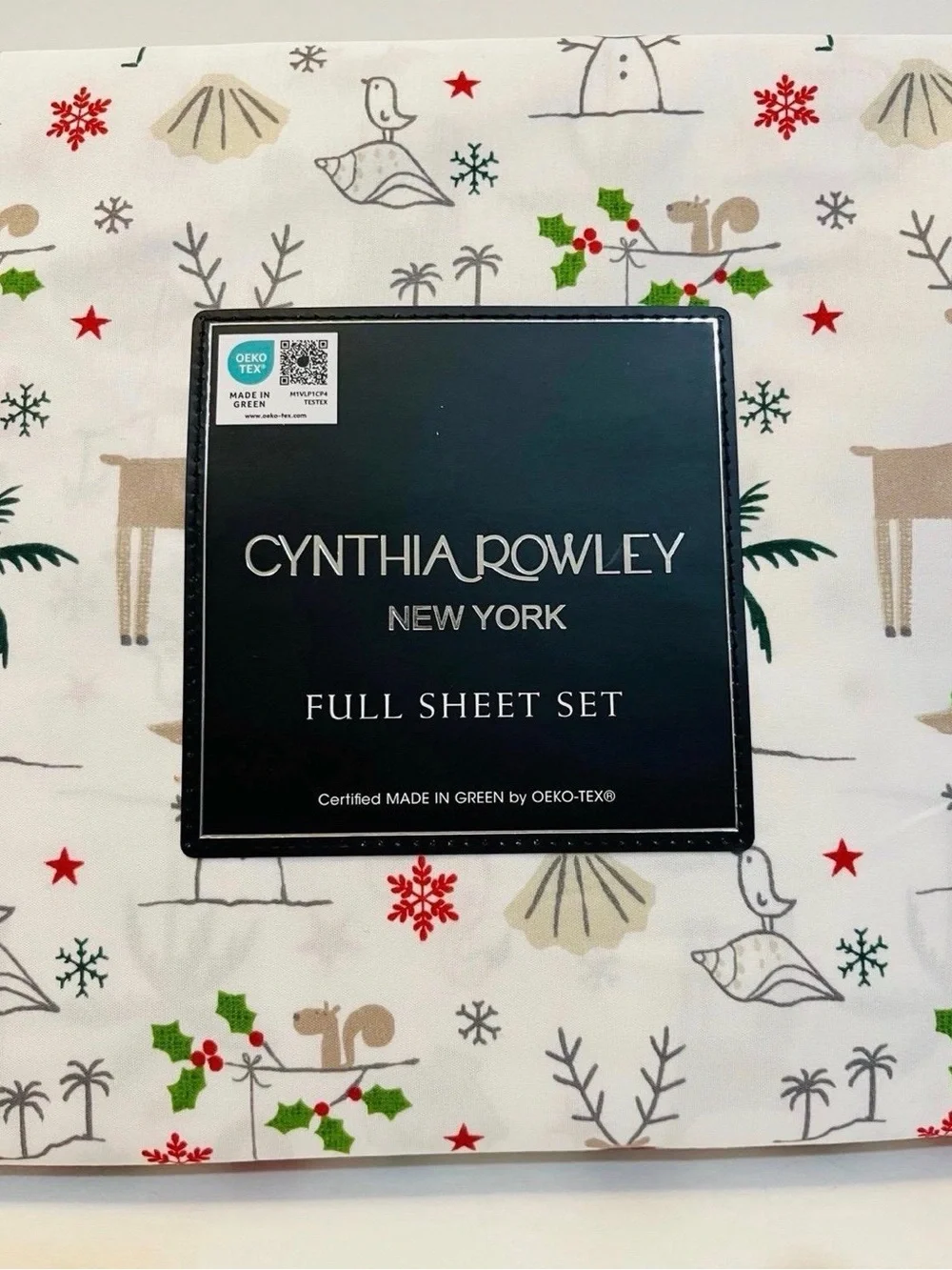Cynthia Rowley Christmas Beach Full Size Sheet Set Palm Tree Seashell Flamingo